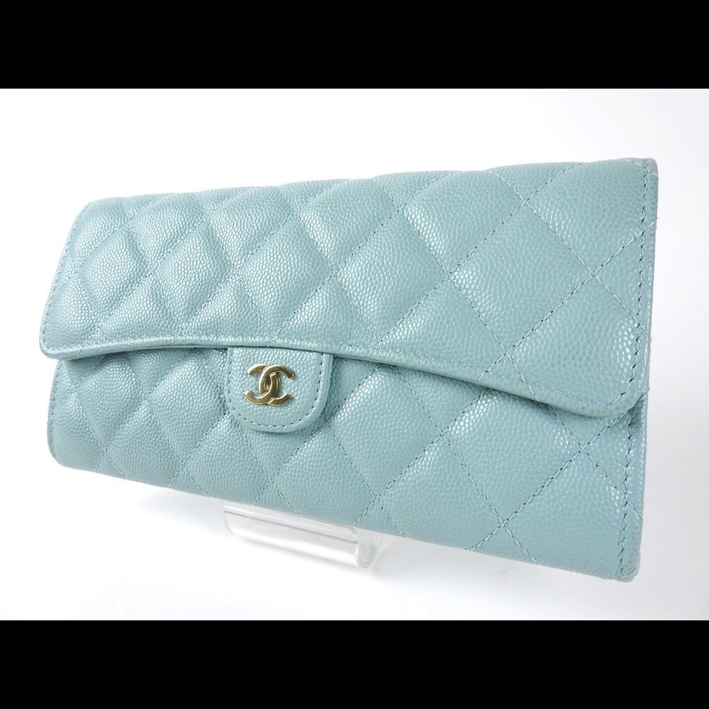 CHANEL Long Flap Wallet in Light Blue Caviar